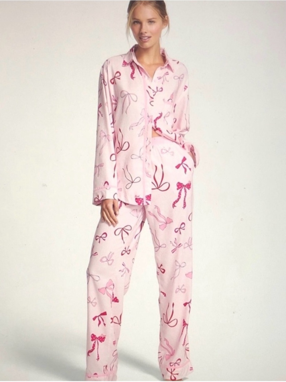 🎀Victoria's Secret PINK Light Pink Bow-Print Pajama Set Women’s XS 🎀